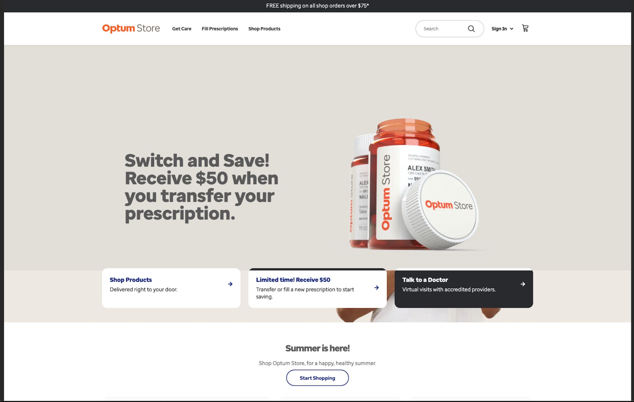 Screenshot of the Optum Store consumer healthcare commerce site